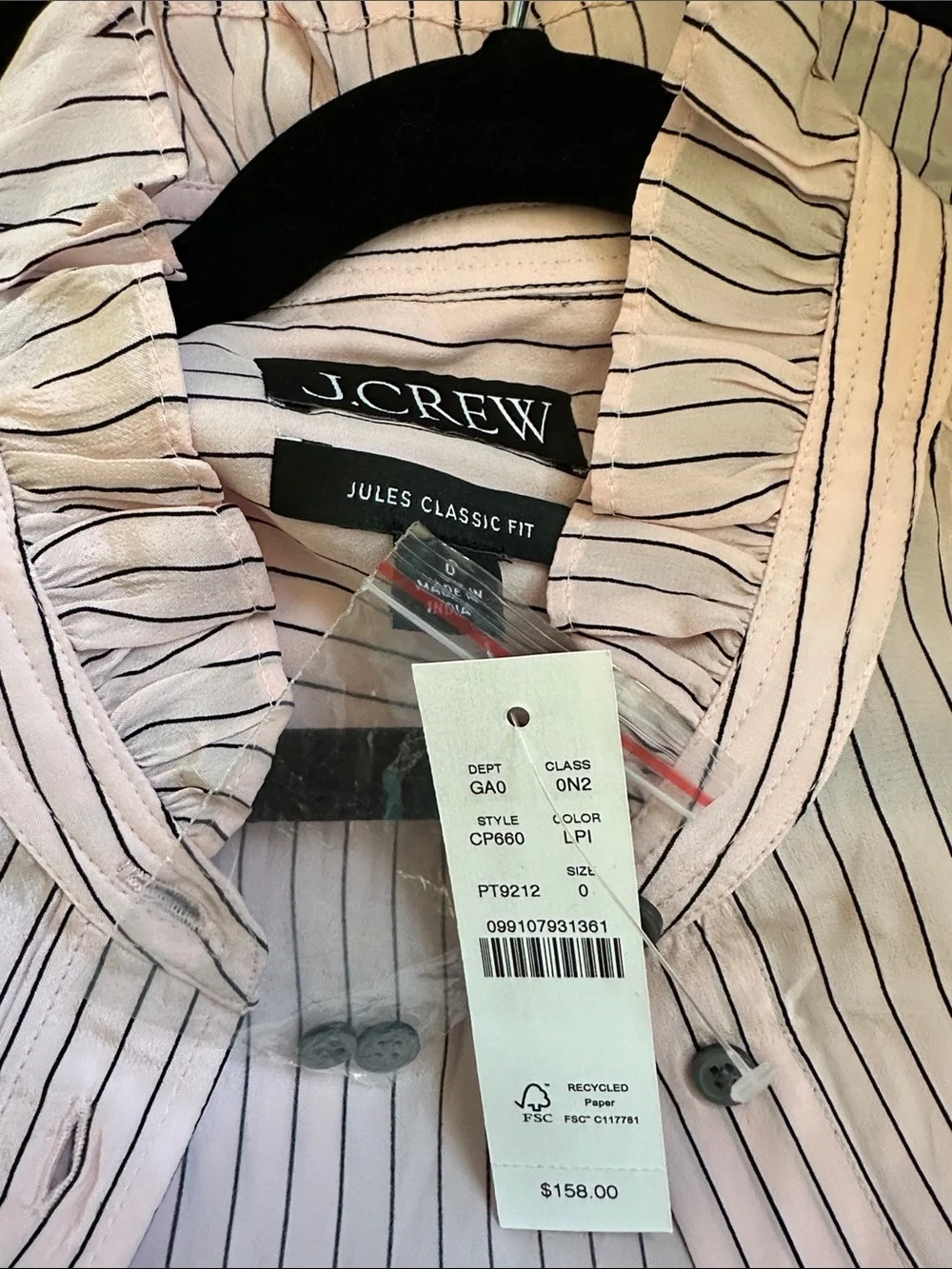 J. Crew Jules ruffle-collar shirt in striped crepe de chine - Pink w Black Strip
